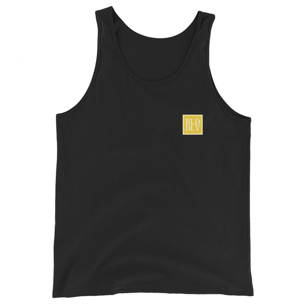 Black tank top shirt with yellow and white build daily monogram logo