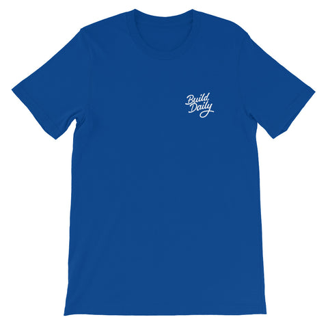 Royal blue t shirt with white build daily signature logo