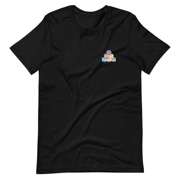 Black t shirt with building blocks design printed on left side of chest