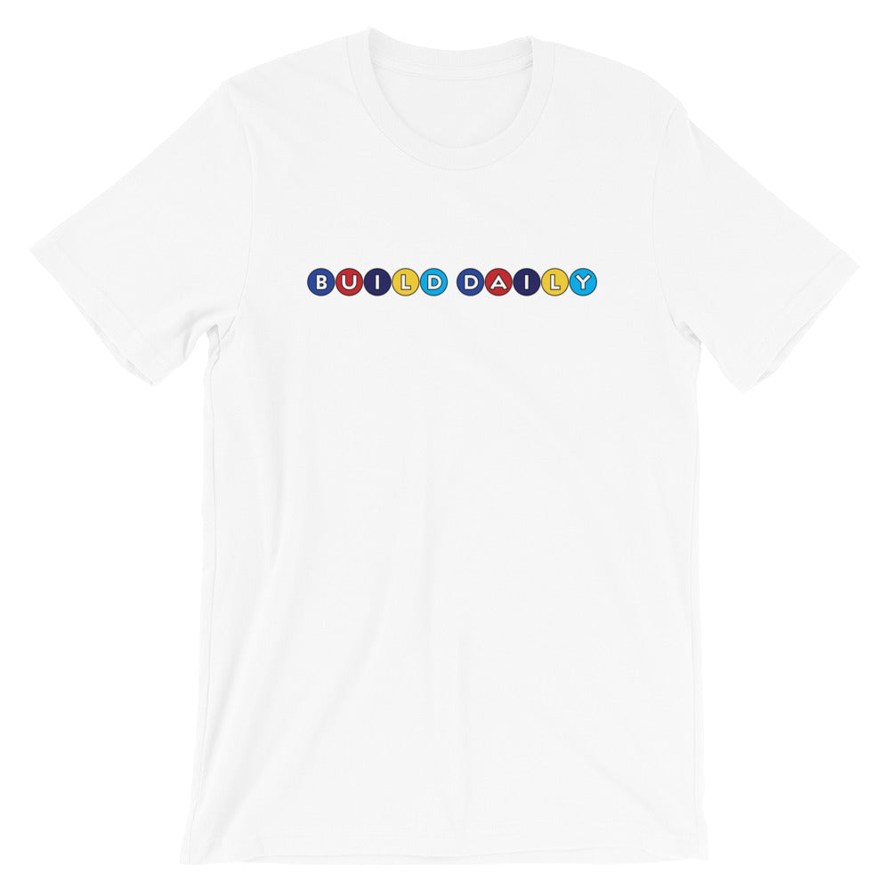 White t shirt with build daily circle design