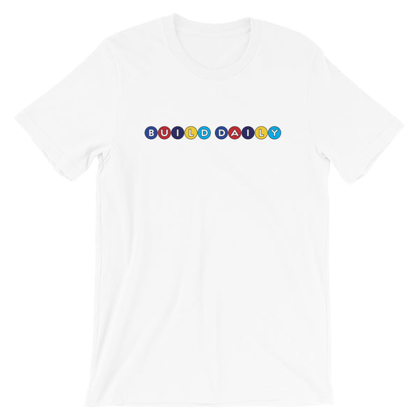 White t shirt with build daily circle design