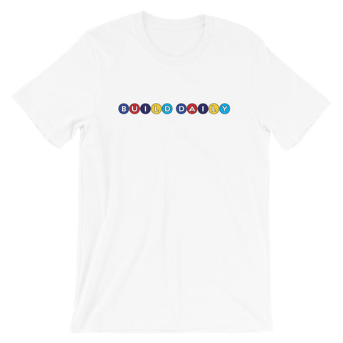 White t shirt with build daily circle design