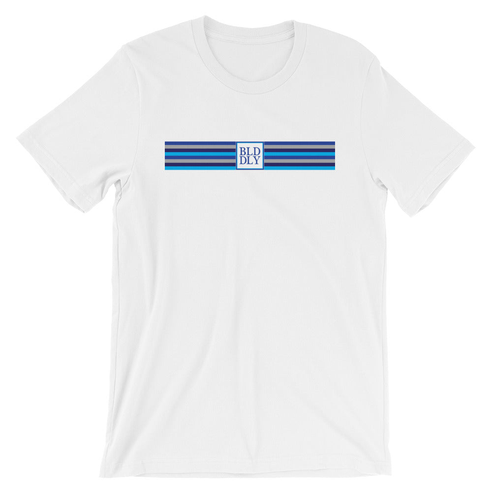 White t shirt with build daily monogram and stripes logos