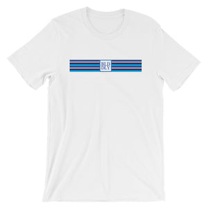 White t shirt with build daily monogram and stripes logos