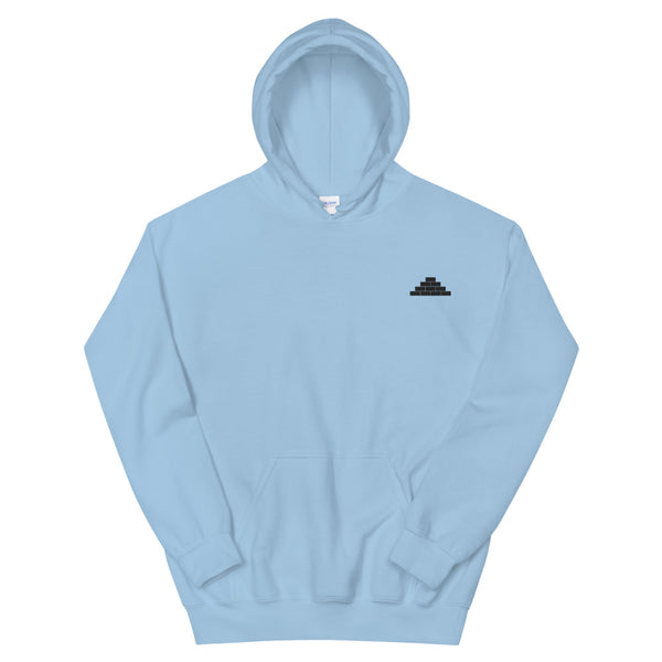 Light blue hooded sweatshirt with black build daily brick by brick logo