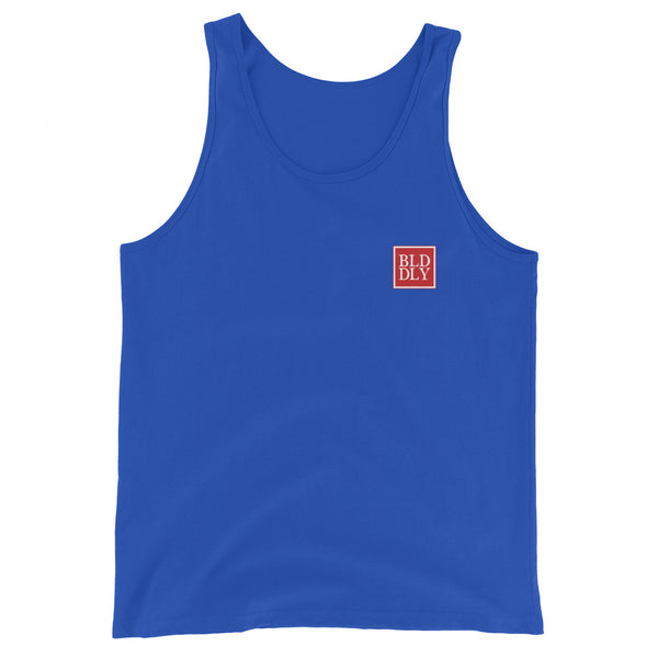 Royal blue tank top shirt with red and white build daily monogram logo