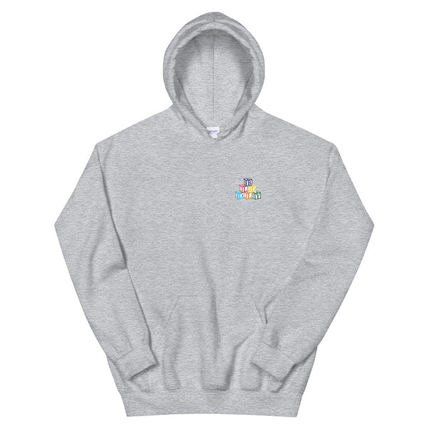 Grey hooded sweatshirt with build daily building blocks design