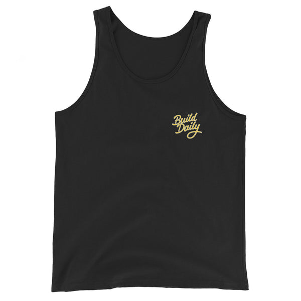 Black tank top shirt with yellow and white build daily signature logo