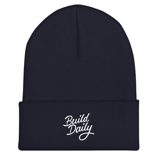 Navy blue beanie with white build daily signature logo