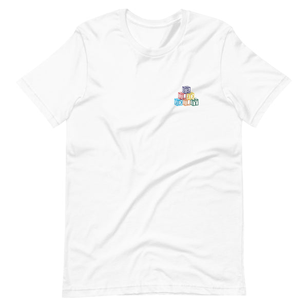 White t shirt with building blocks design printed on left side of chest