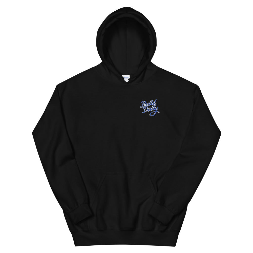 Black hooded sweatshirt with royal blue and white build daily signature logo