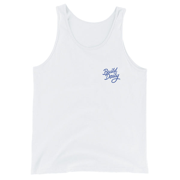 White tank top shirt with royal blue build daily signature logo