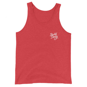 Red tank top shirt with white build daily signature logo