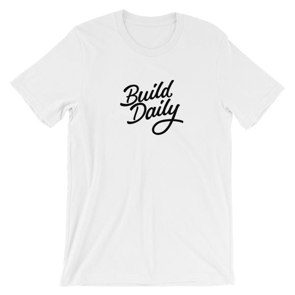 White t shirt with black build daily signature logo