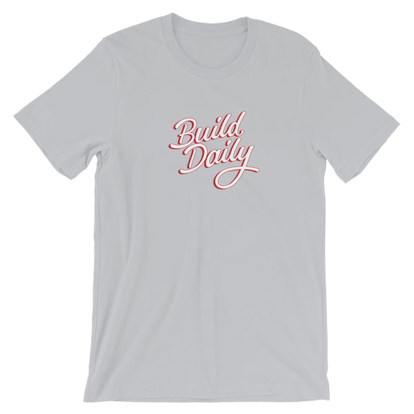 Grey t shirt with white and red build daily signature logo