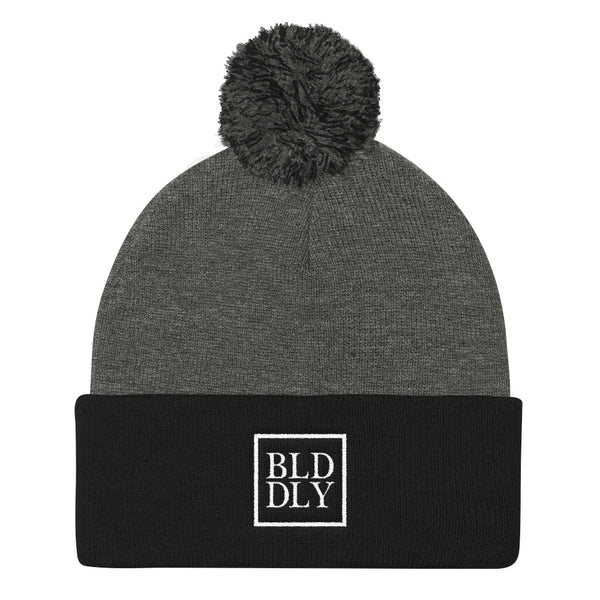 Grey and black beanie with white build daily monogram logo