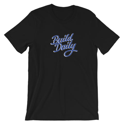 Black t shirt with royal blue and white build daily signature logo