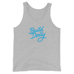 Grey tank top shirt with light blue build daily signature logo