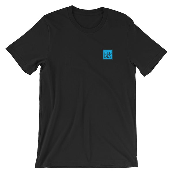 Black t shirt with light blue build daily monogram logo