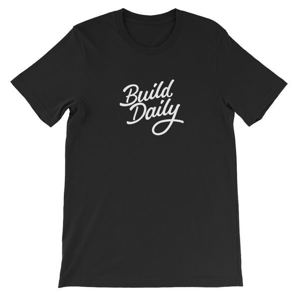 Black t shirt with white build daily signature logo