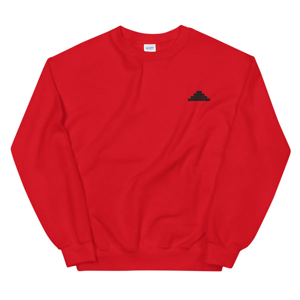 Red crewneck sweatshirt with black build daily brick by brick logo