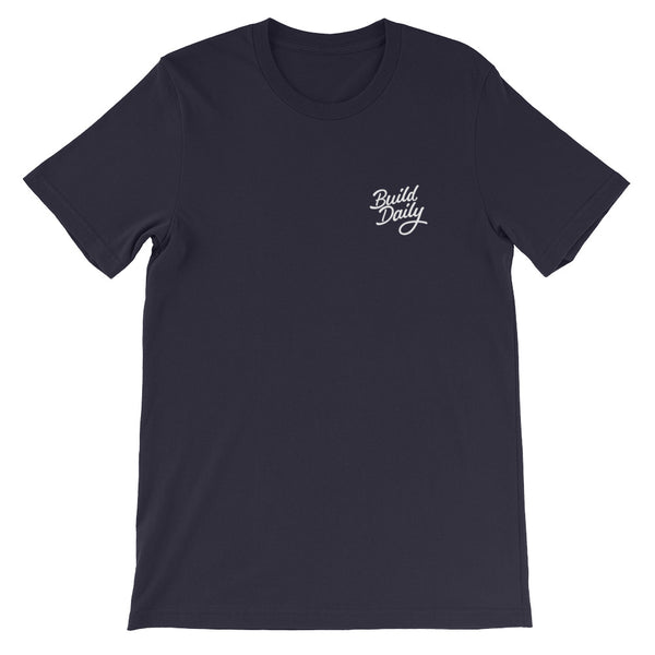 Navy blue t shirt with white build daily signature logo