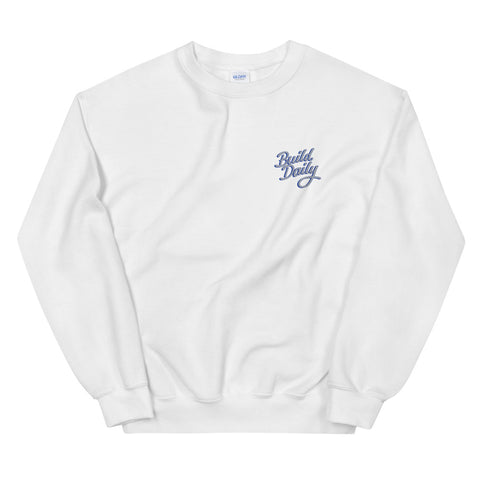 White crewneck sweatshirt with grey and royal blue build daily signature logo