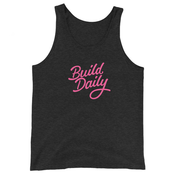 Black tank top shirt with pink build daily signature logo