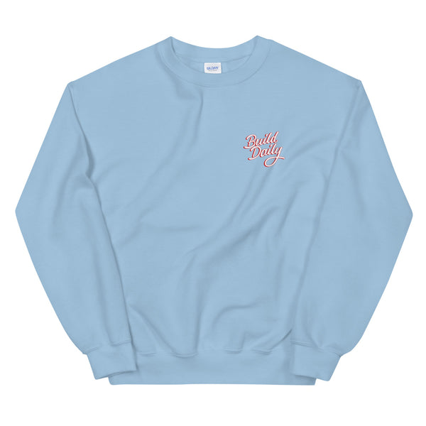 Light blue crewneck sweatshirt with white and red build daily signature logo