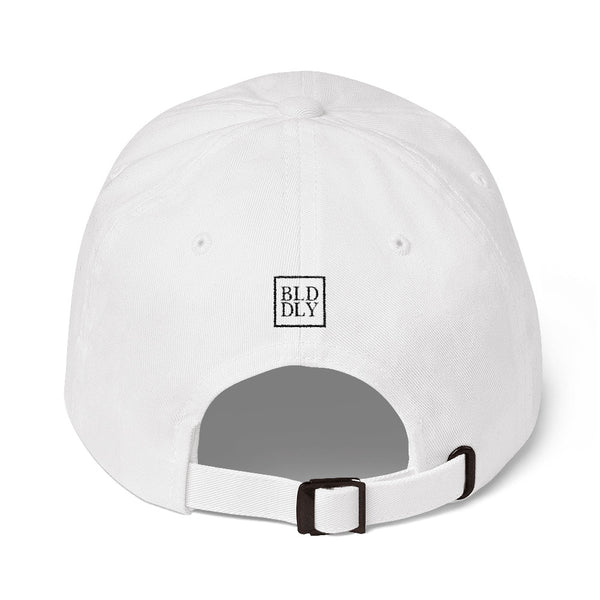 Back of white cap with black build daily monogram logo