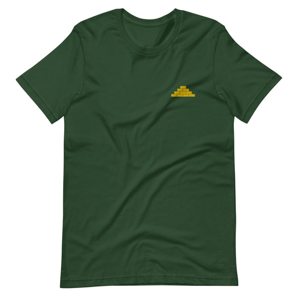 Green t shirt with yellow build daily brick by brick logo