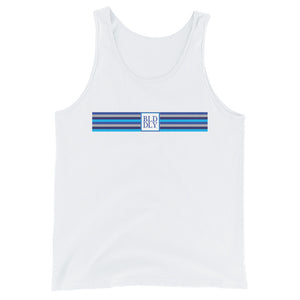 White tank top shirt with build daily monogram and stripes logos