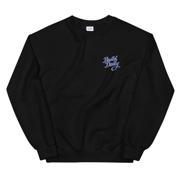 Black crewneck sweatshirt with royal blue and white build daily signature logo