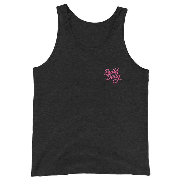 Black tank top shirt with pink build daily signature logo