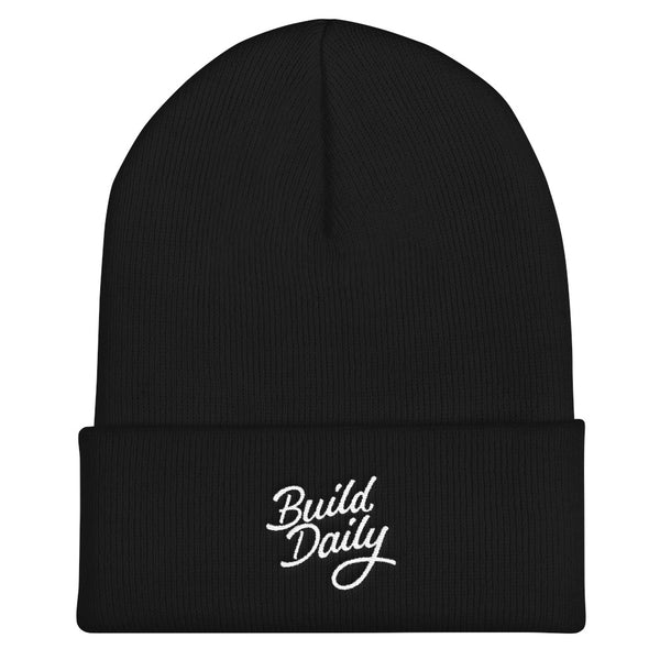 Black beanie with white build daily signature logo