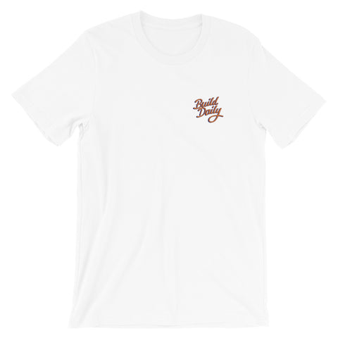 White t shirt with orange and navy blue build daily signature logo