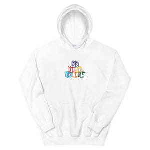 White hooded sweatshirt with build daily building blocks design