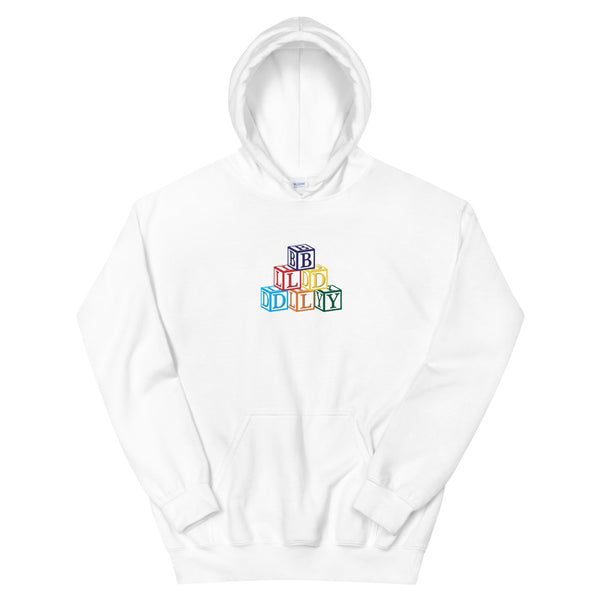 White hooded sweatshirt with build daily building blocks design