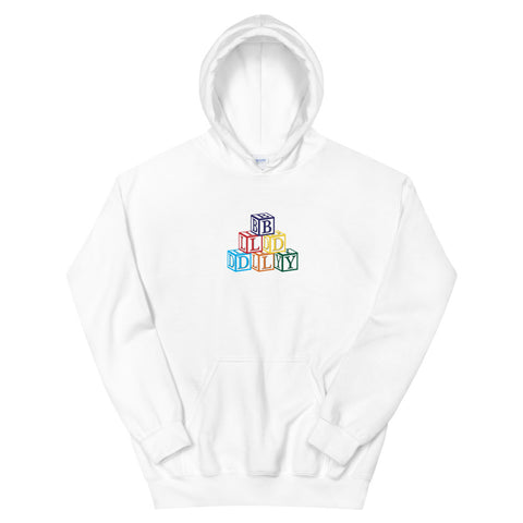 White hooded sweatshirt with build daily building blocks design