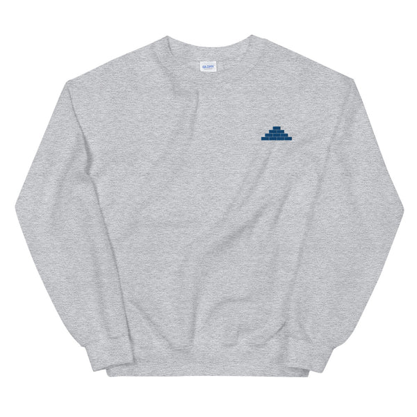 Grey crewneck sweatshirt with royal blue build daily brick by brick logo