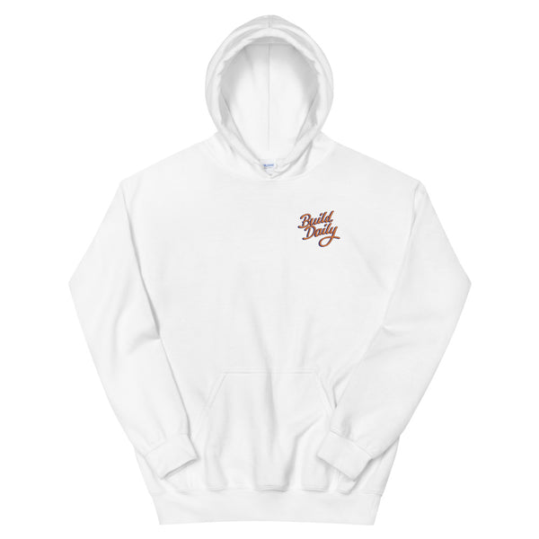 White hooded sweatshirt with orange and navy blue build daily signature logo