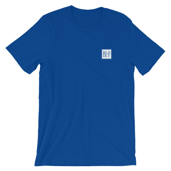 Royal blue t shirt with white build daily monogram logo