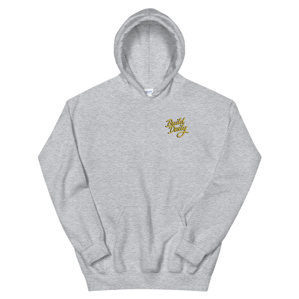 Grey hooded sweatshirt with yellow and black build daily signature logo