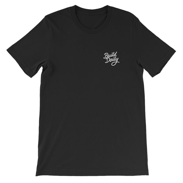 Black t shirt with white build daily signature logo