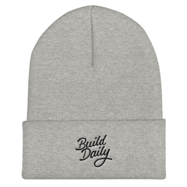 Grey beanie with black build daily signature logo