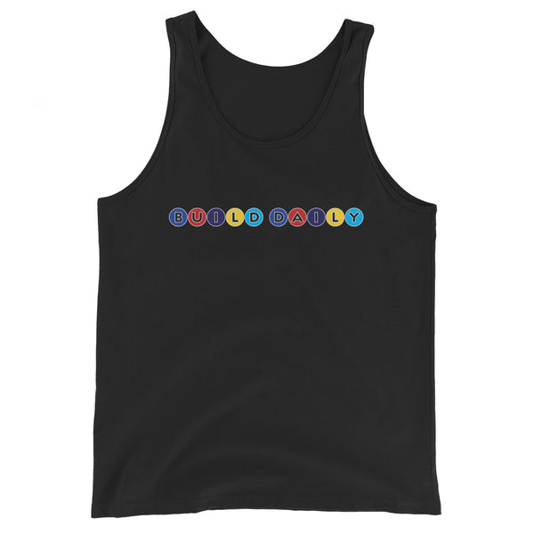 Black tank top shirt with build daily circle design