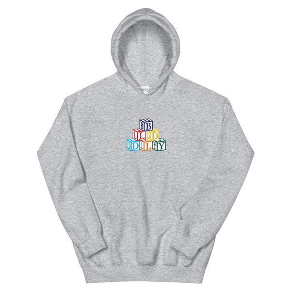 Grey hooded sweatshirt with build daily building blocks design