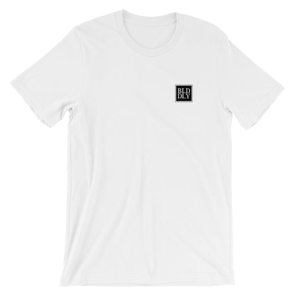 White t shirt with black build daily monogram logo