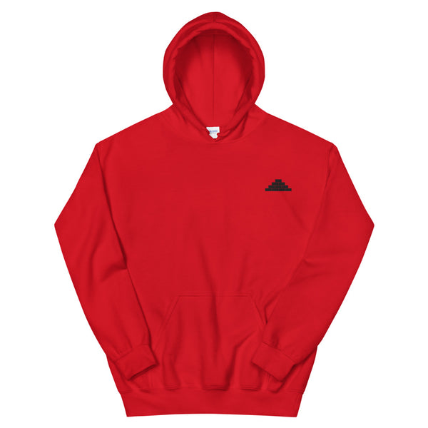 Red hooded sweatshirt with black build daily brick by brick logo