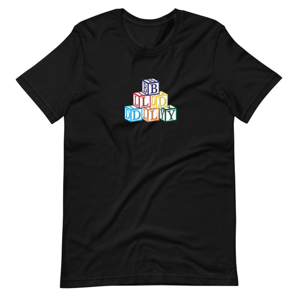 Black t shirt with building blocks design printed on chest